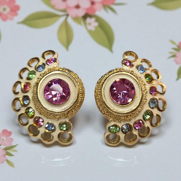 CRAFT 1980's Oversized Vintage Pastel Crystal Enamel Fan Earrings - Picture 7 of 7